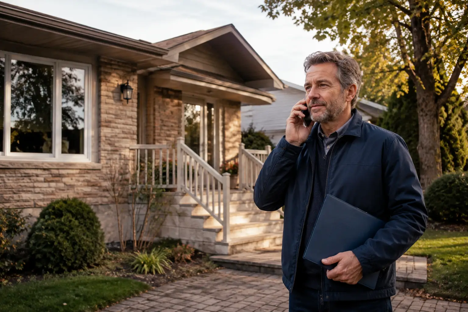 Propriétaire devant sa maison après avoir trouvé une solution au refus bancaire